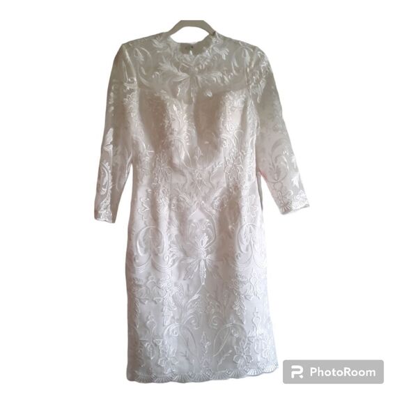 JJ'S House Sheath/Column High Neck Knee-Length Lace Wedding Dress #127281 - Picture 1 of 8